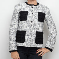 Pre-Loved Chanel™ White and Black Tweed Jacket Embellished with Faux Pearls Size 36