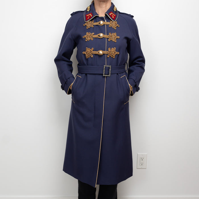 Gucci Navy Coat with Multicolour Embroidered Details and Embellishments Size 40