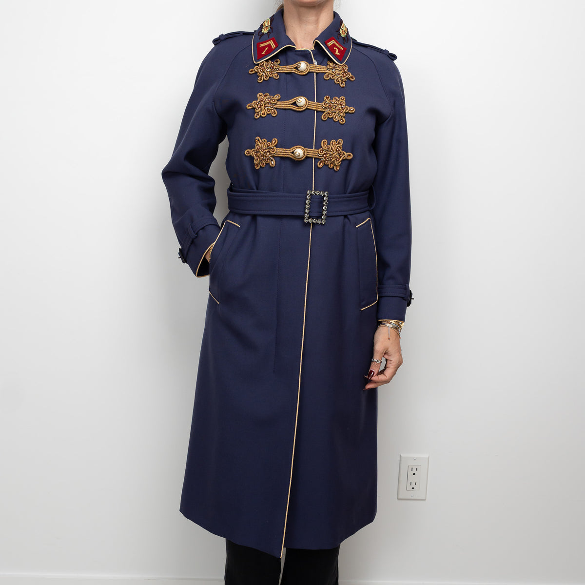 Gucci Navy Coat with Multicolour Embroidered Details and Embellishments Size 40