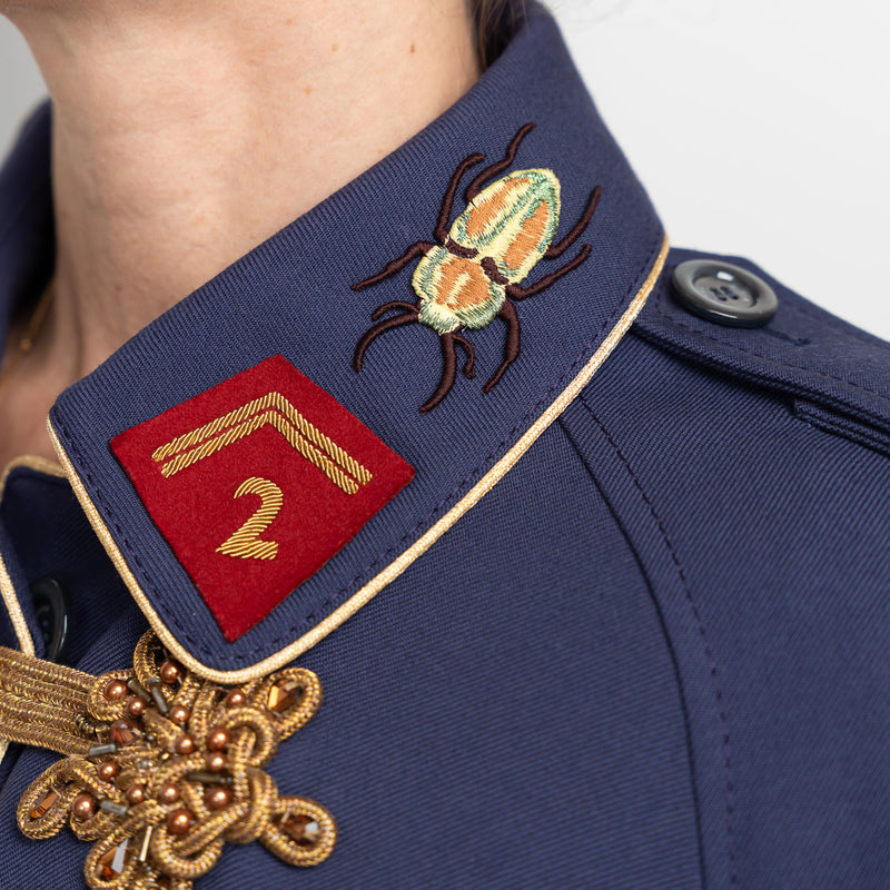 Gucci Navy Coat with Multicolour Embroidered Details and Embellishments Size 40