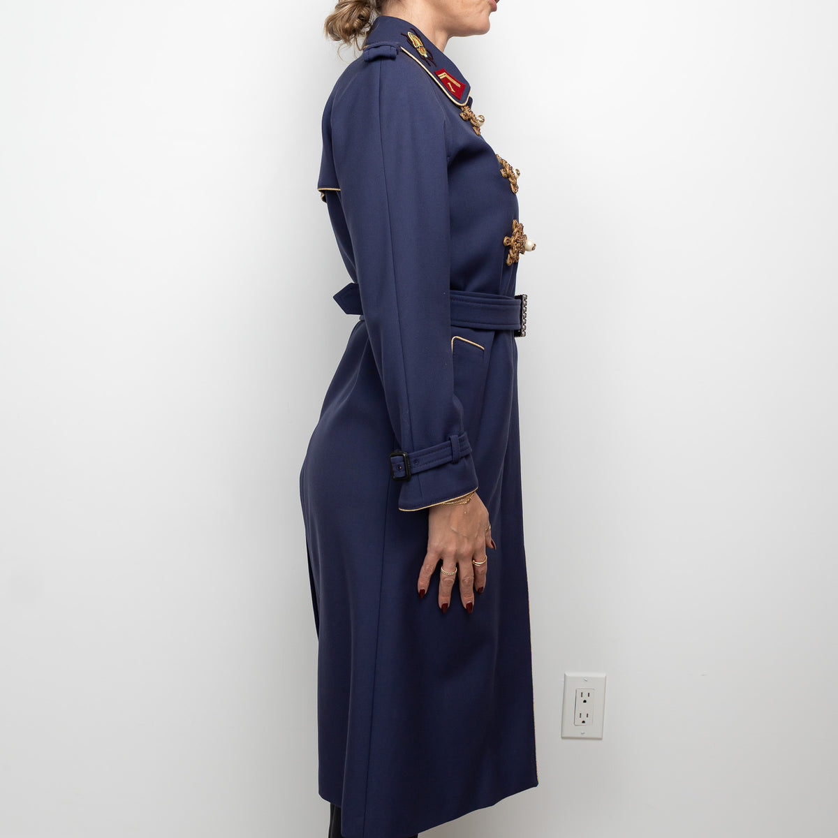 Gucci Navy Coat with Multicolour Embroidered Details and Embellishments Size 40