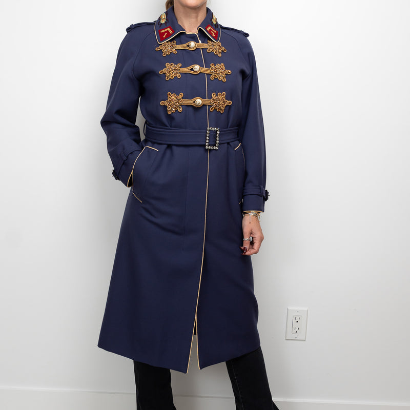Gucci Navy Coat with Multicolour Embroidered Details and Embellishments Size 40