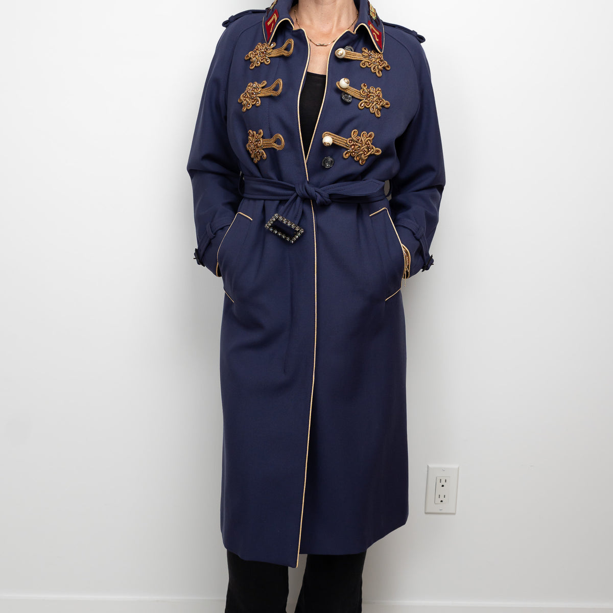 Gucci Navy Coat with Multicolour Embroidered Details and Embellishments Size 40
