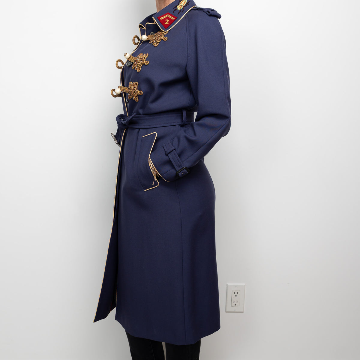 Gucci Navy Coat with Multicolour Embroidered Details and Embellishments Size 40
