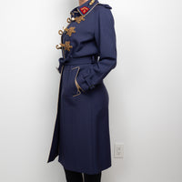 Gucci Navy Coat with Multicolour Embroidered Details and Embellishments Size 40
