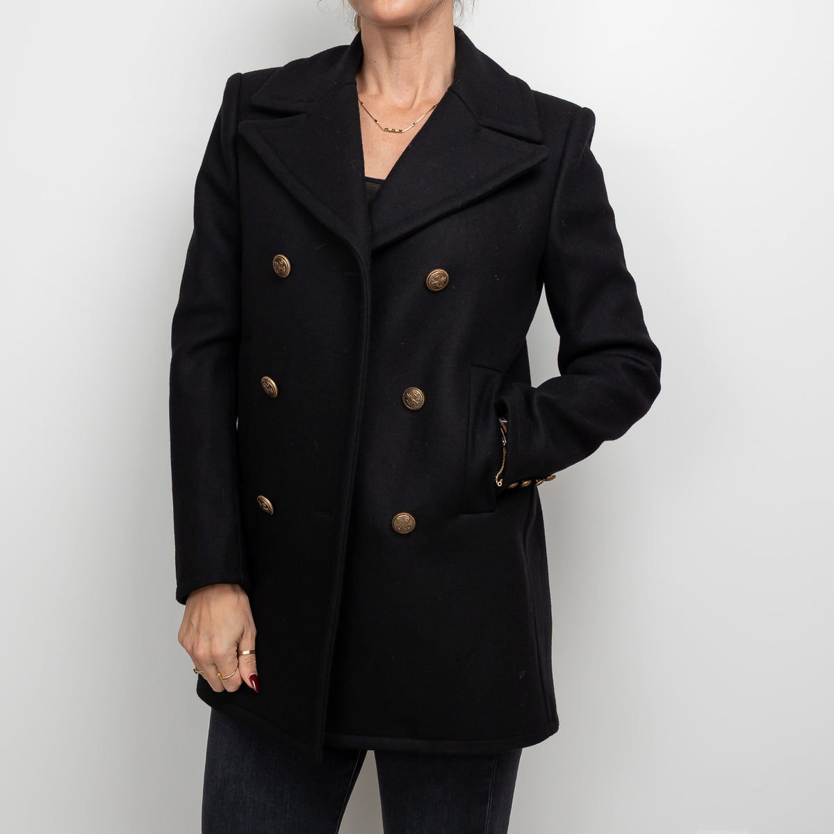 Gucci Black Peacoat with Embroidered Bird Size 40