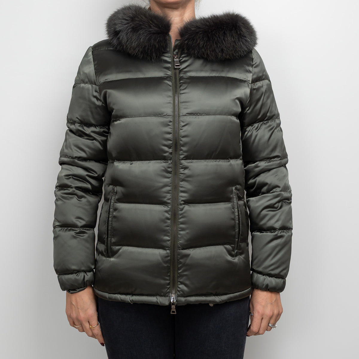 Prada Khaki Green Puffer Jacket with Fur Trim Size 42