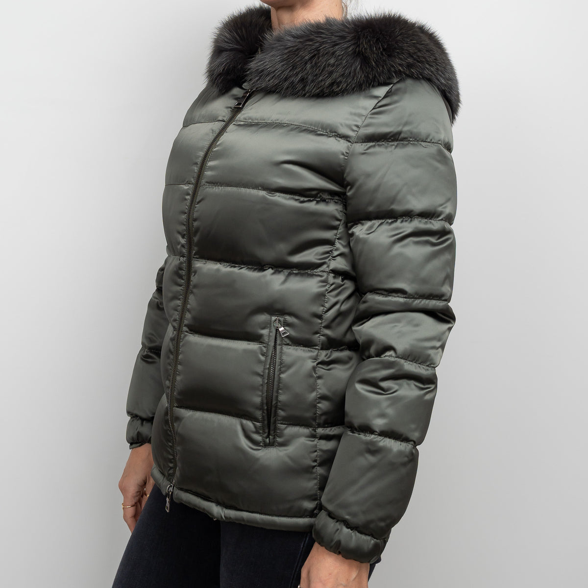 Prada Khaki Green Puffer Jacket with Fur Trim Size 42