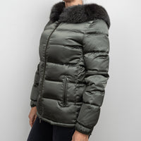Prada Khaki Green Puffer Jacket with Fur Trim Size 42