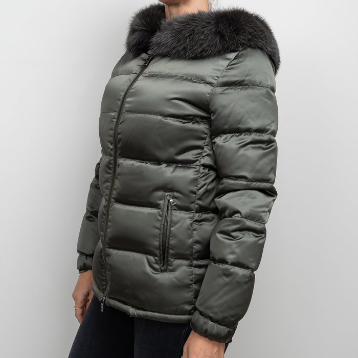 Prada Khaki Green Puffer Jacket with Fur Trim Size 42