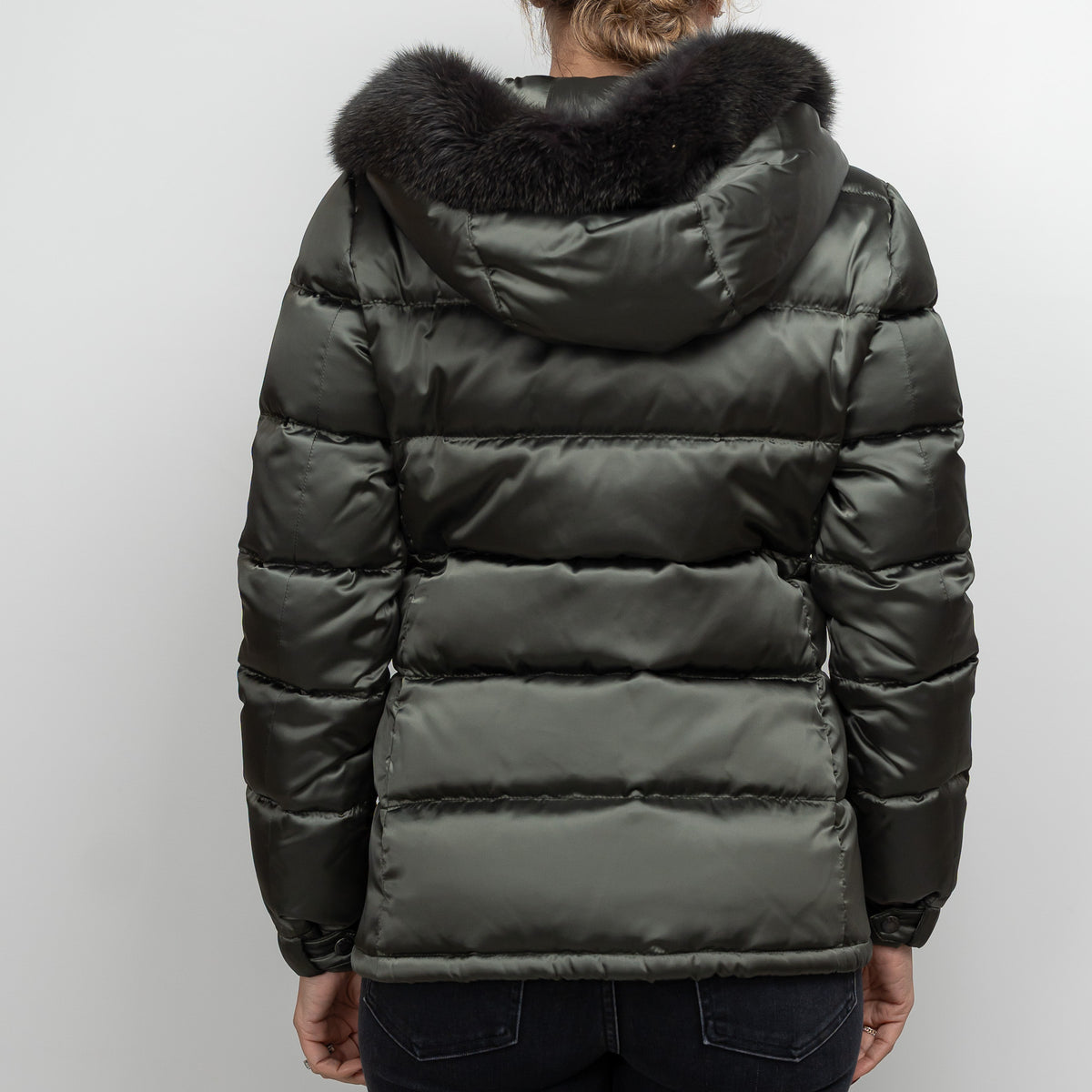 Prada Khaki Green Puffer Jacket with Fur Trim Size 42