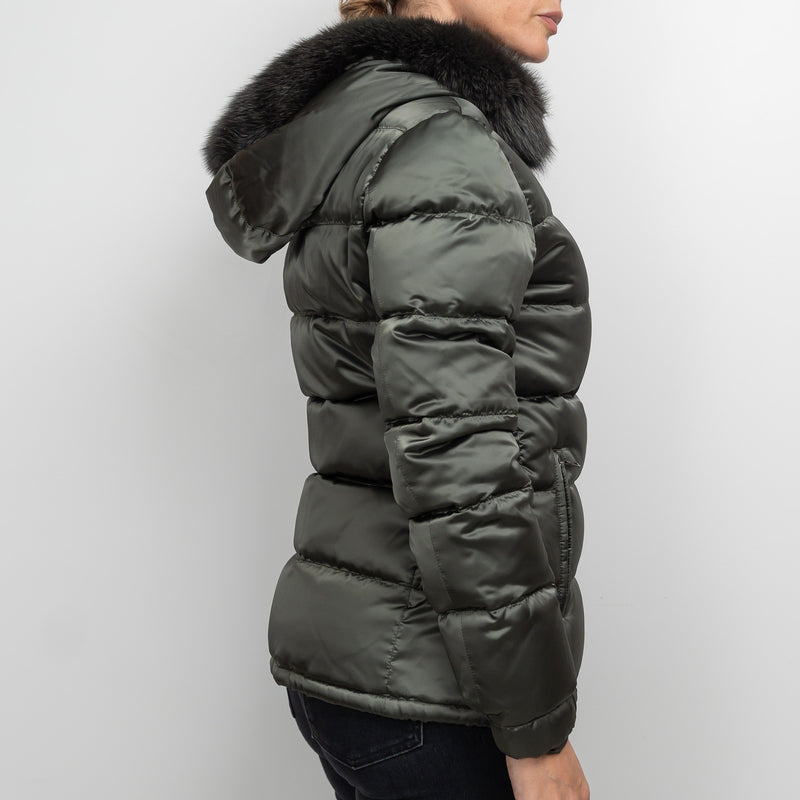 Prada Khaki Green Puffer Jacket with Fur Trim Size 42