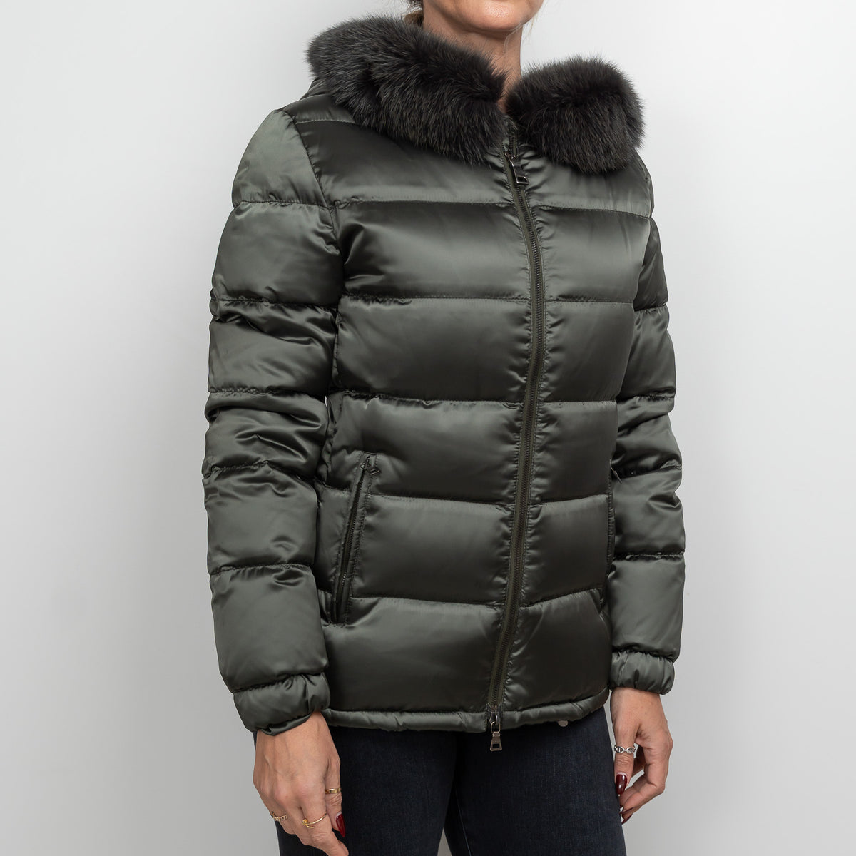 Prada Khaki Green Puffer Jacket with Fur Trim Size 42