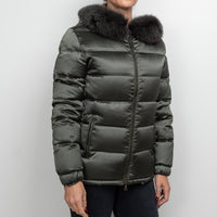 Prada Khaki Green Puffer Jacket with Fur Trim Size 42