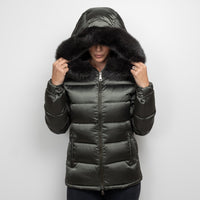 Prada Khaki Green Puffer Jacket with Fur Trim Size 42