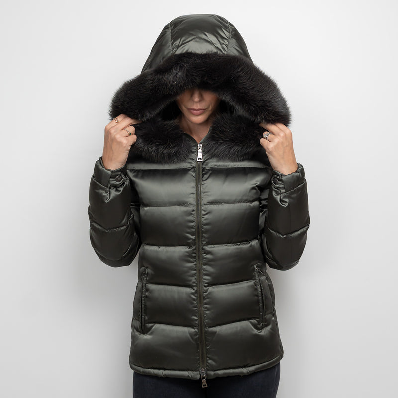 Prada Khaki Green Puffer Jacket with Fur Trim Size 42