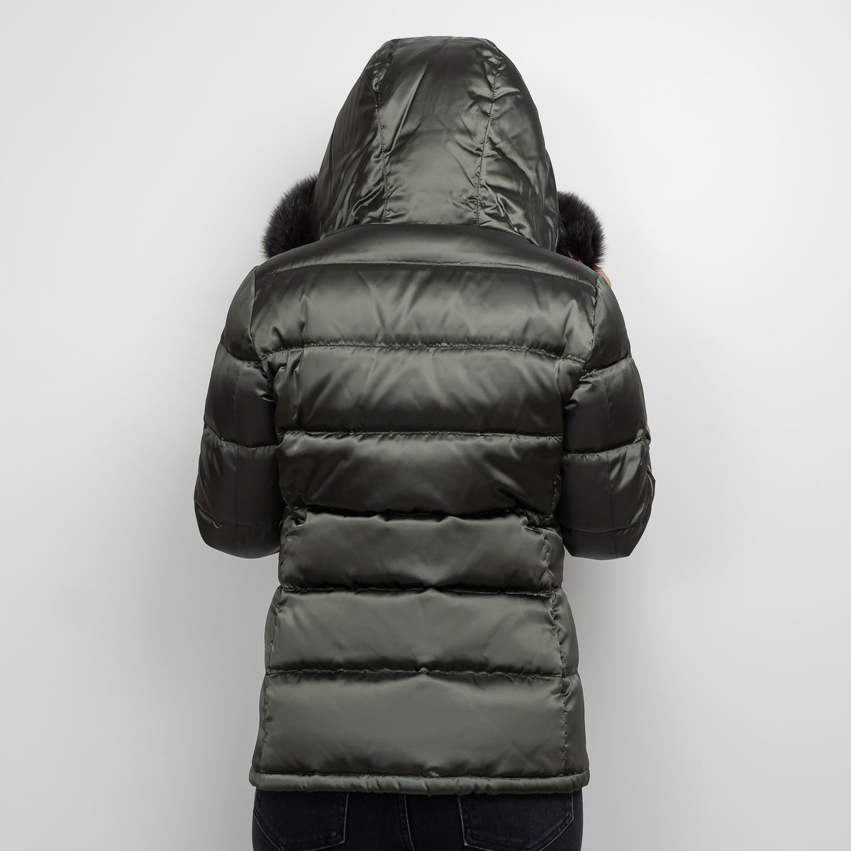 Prada Khaki Green Puffer Jacket with Fur Trim Size 42