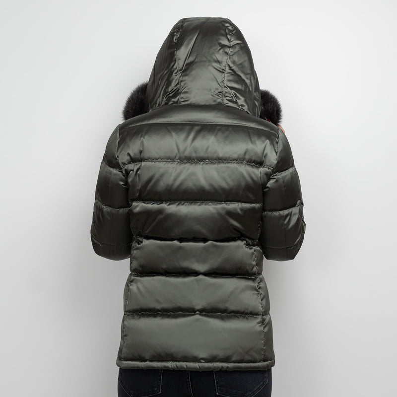 Prada Khaki Green Puffer Jacket with Fur Trim Size 42