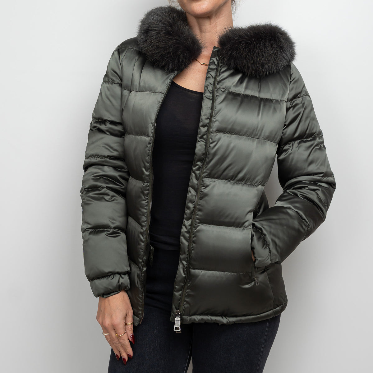 Prada Khaki Green Puffer Jacket with Fur Trim Size 42