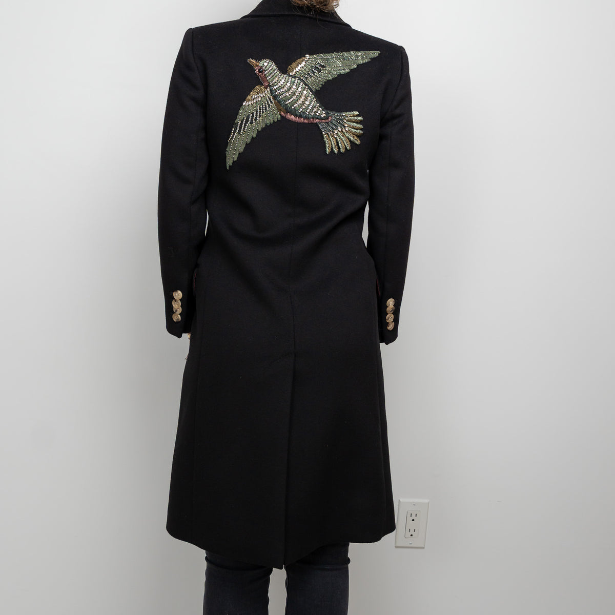 Gucci Black Peacoat with Embroidered Bird Size 40