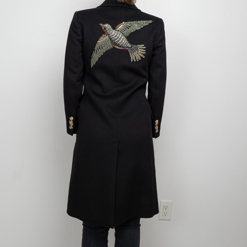 Gucci Black Peacoat with Embroidered Bird Size 40