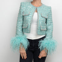 Self-Portrait Teal Green Sequin Tweed Crystal Embellished Jacket Size 4