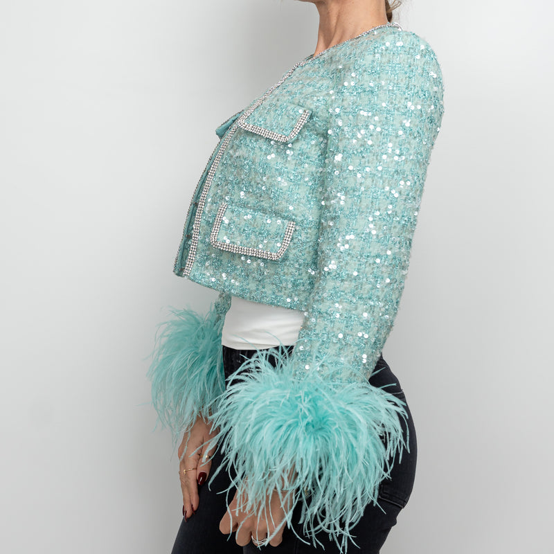 Self-Portrait Teal Green Sequin Tweed Crystal Embellished Jacket Size 4
