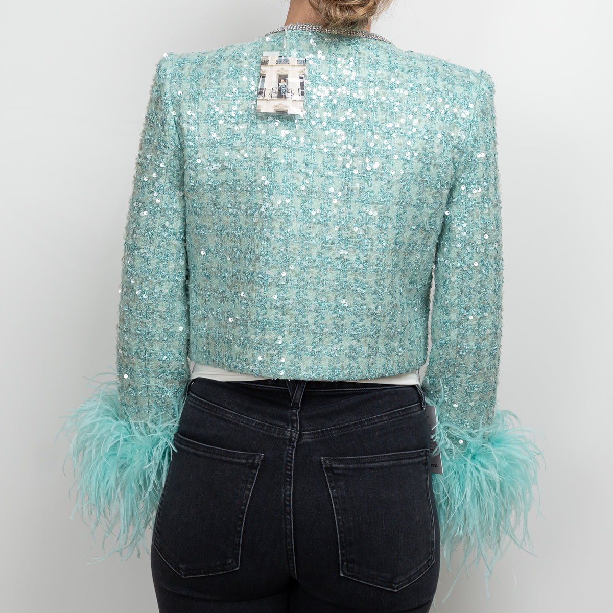 Self-Portrait Teal Green Sequin Tweed Crystal Embellished Jacket Size 4
