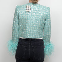 Self-Portrait Teal Green Sequin Tweed Crystal Embellished Jacket Size 4