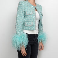 Self-Portrait Teal Green Sequin Tweed Crystal Embellished Jacket Size 4