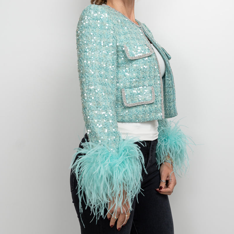 Self-Portrait Teal Green Sequin Tweed Crystal Embellished Jacket Size 4