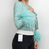 Self-Portrait Teal Green Sequin Tweed Crystal Embellished Jacket Size 4