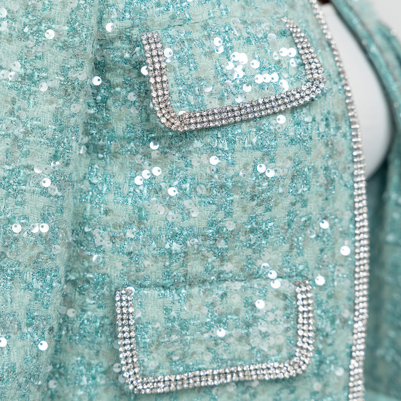 Self-Portrait Teal Green Sequin Tweed Crystal Embellished Jacket Size 4