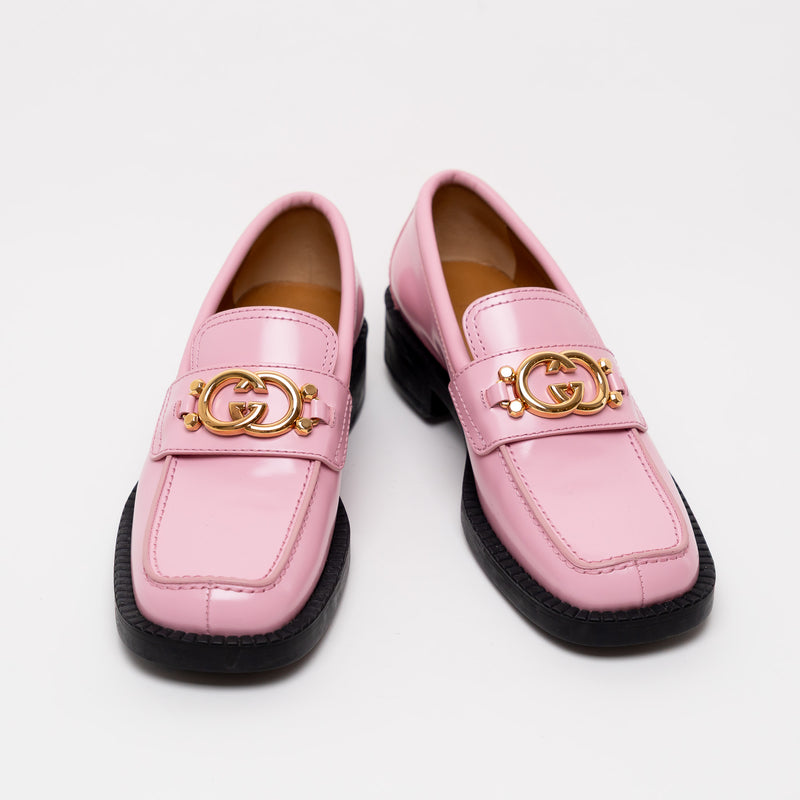 Gucci Pink Leather with Interlocking Gold Double G Loafers Size 39