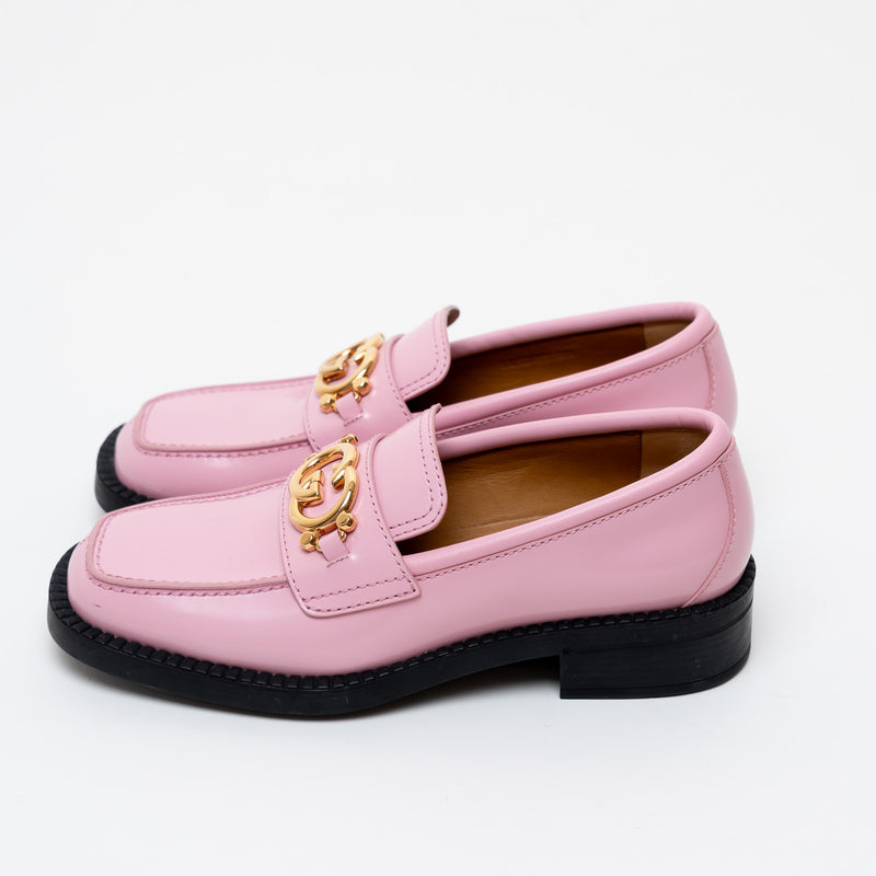 Gucci Pink Leather with Interlocking Gold Double G Loafers Size 39