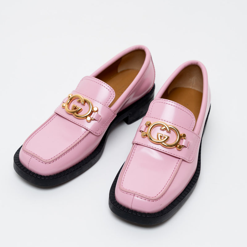 Gucci Pink Leather with Interlocking Gold Double G Loafers Size 39
