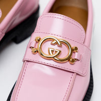 Gucci Pink Leather with Interlocking Gold Double G Loafers Size 39
