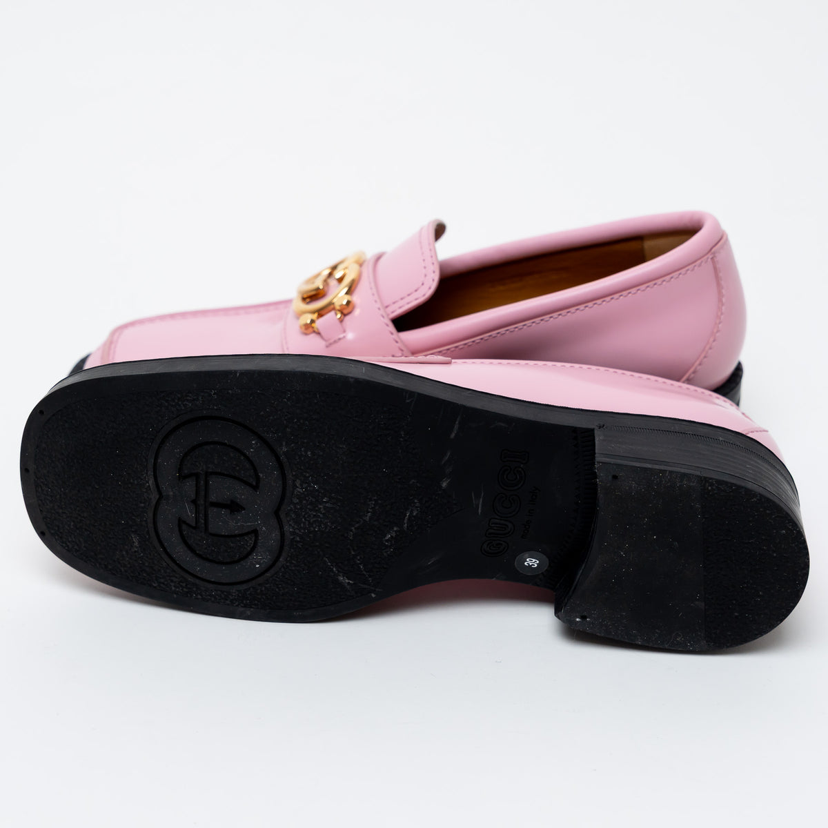 Gucci Pink Leather with Interlocking Gold Double G Loafers Size 39