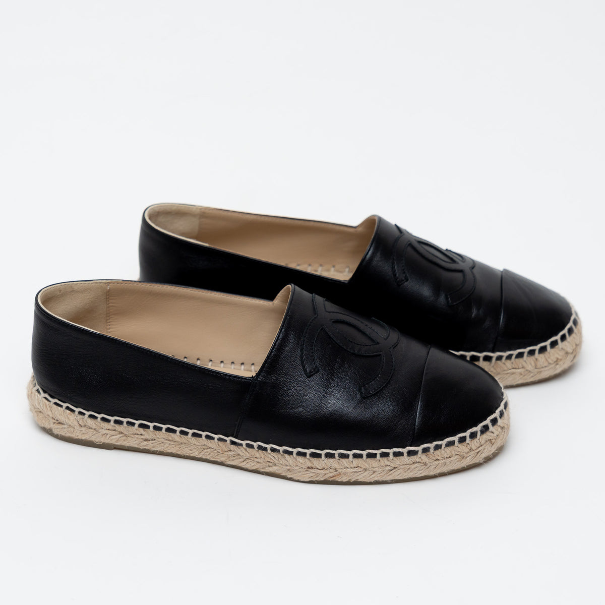 Pre-Loved Chanel™ Black Leather Espadrille Flats Size 38