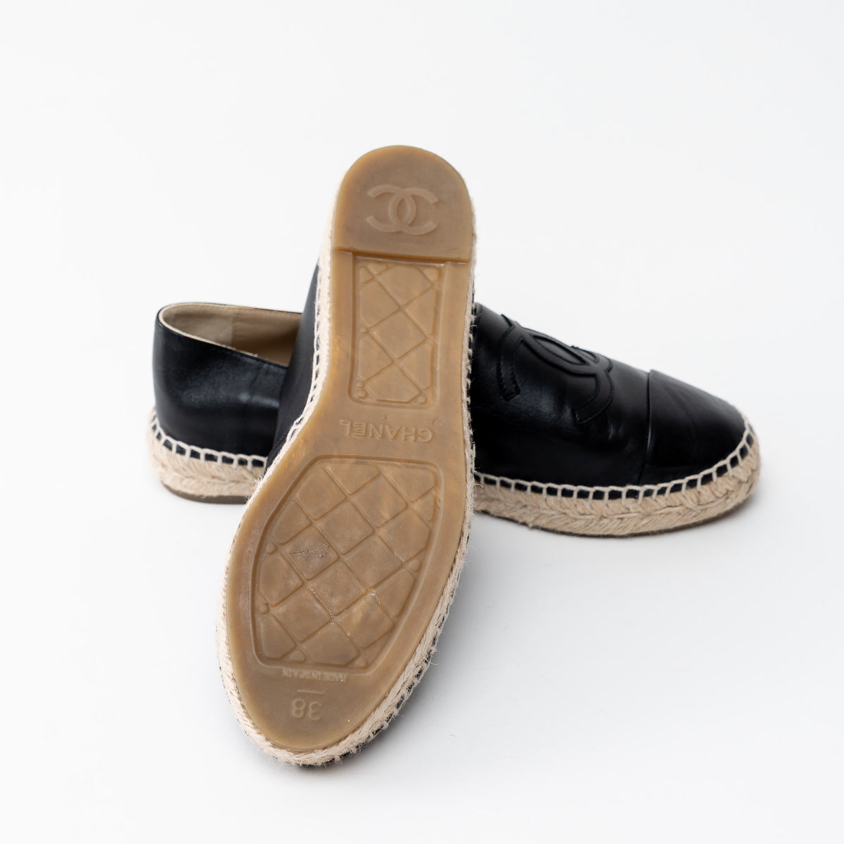 Pre-Loved Chanel™ Black Leather Espadrille Flats Size 38