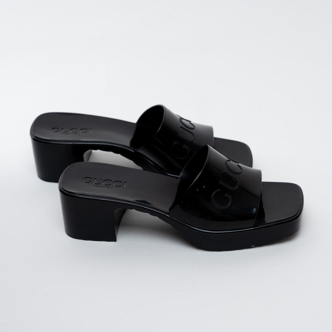 Gucci Black Embossed Block Heel Sandals Size 37