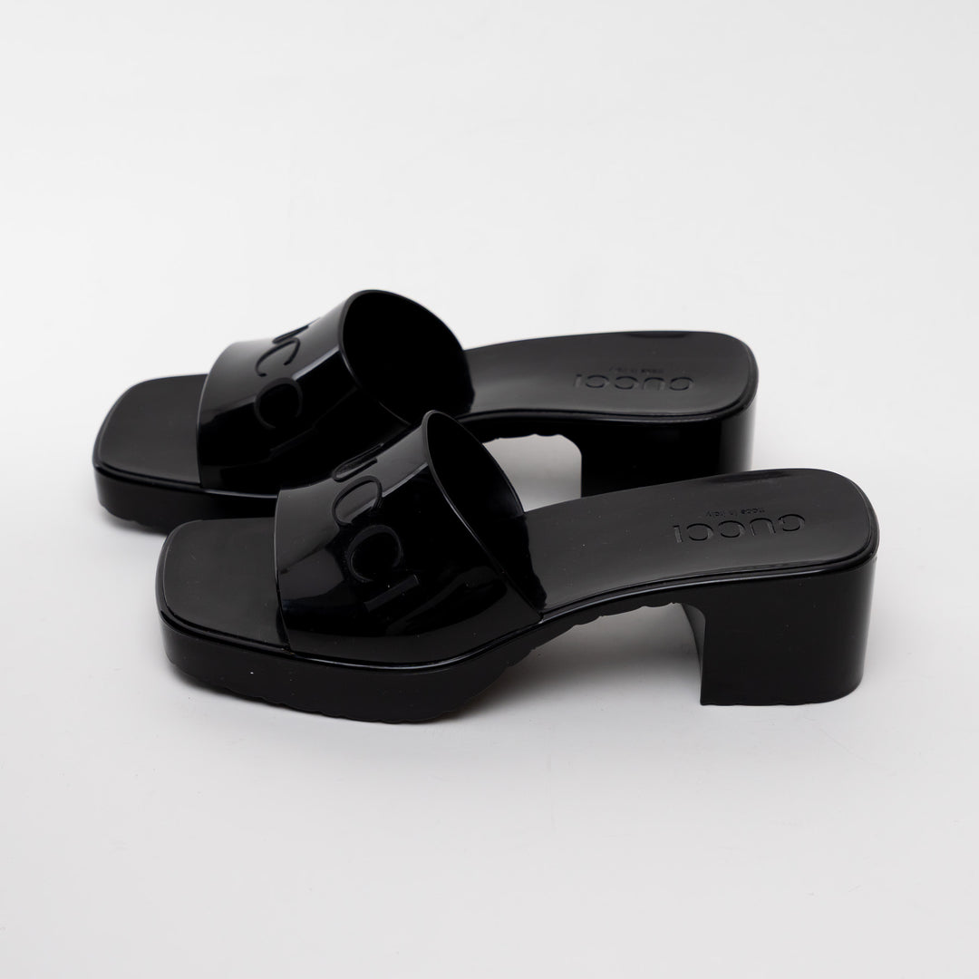 Gucci Black Embossed Block Heel Sandals Size 37