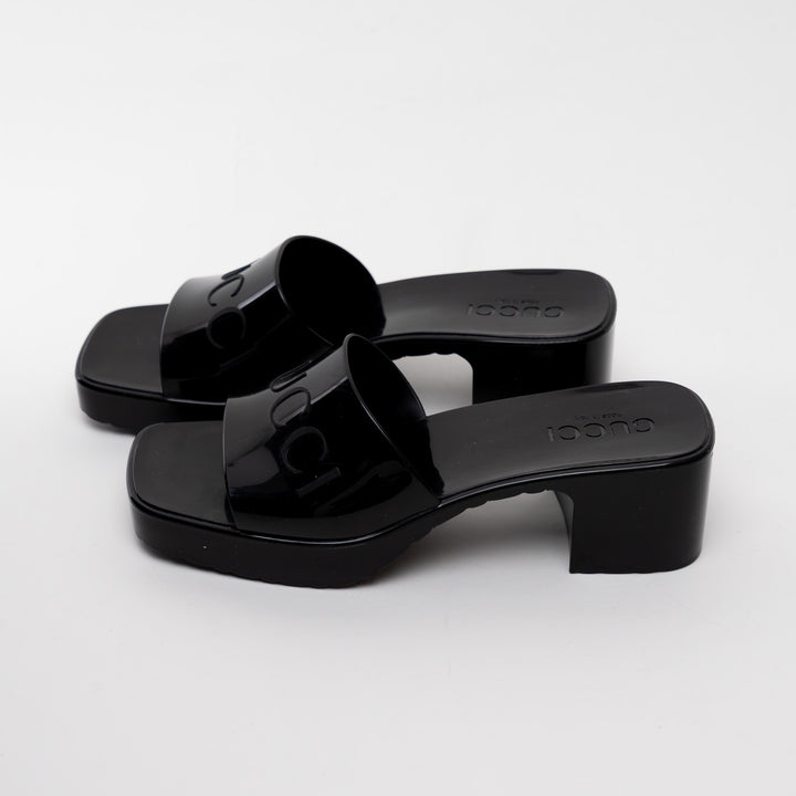 Gucci Black Embossed Block Heel Sandals Size 37