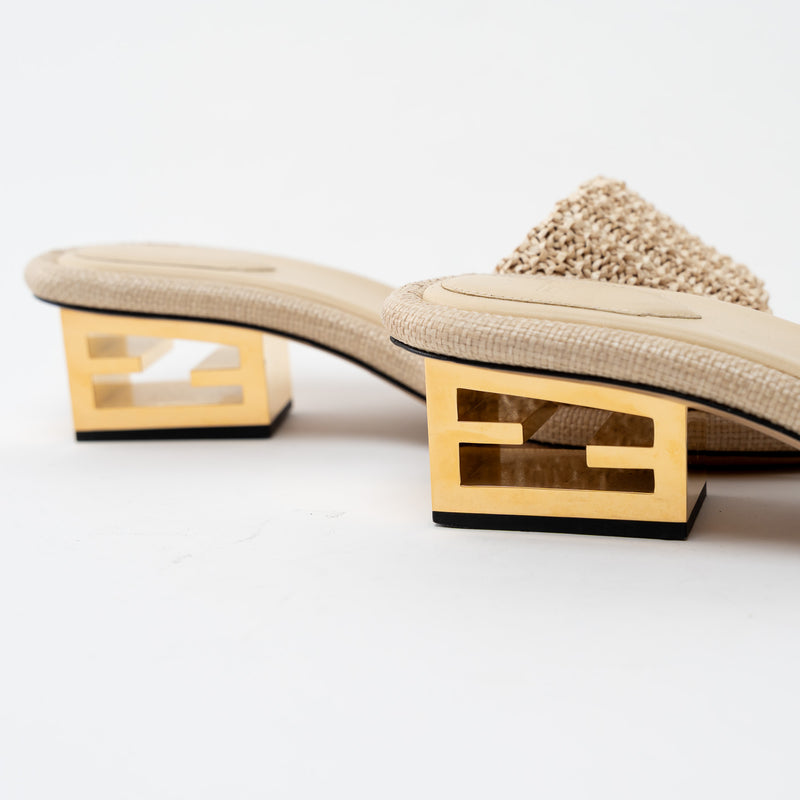 Fendi Beige Raffia Intreccio Baguette Slide Sandals Size 40