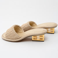 Fendi Beige Raffia Intreccio Baguette Slide Sandals Size 40