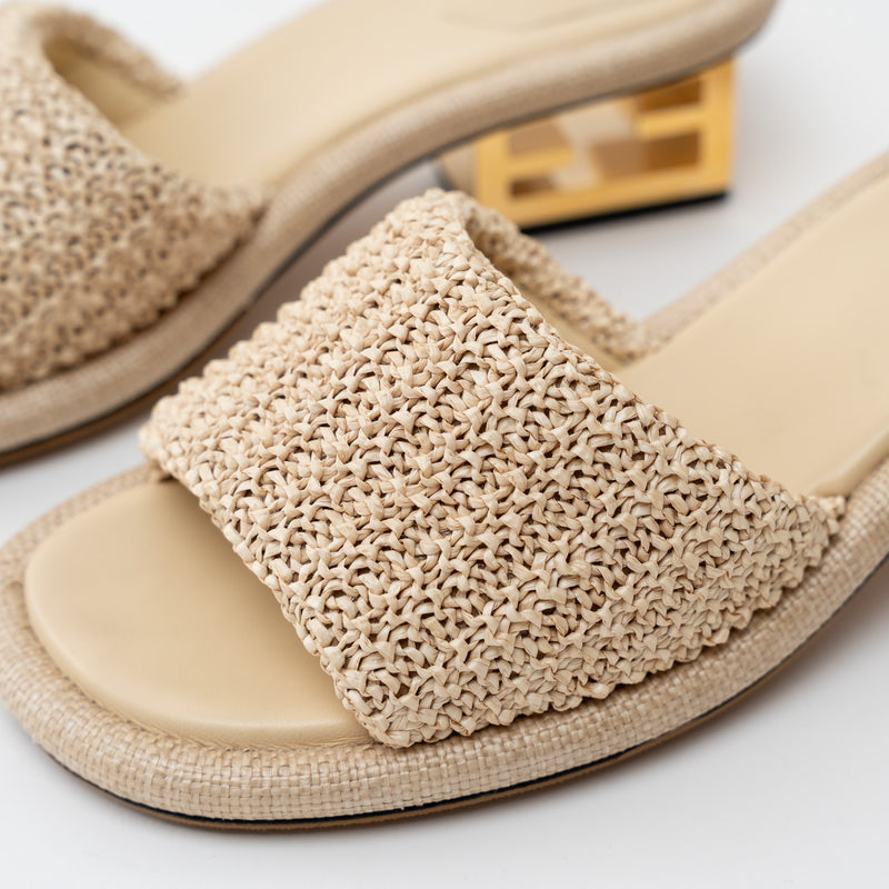 Fendi Beige Raffia Intreccio Baguette Slide Sandals Size 40