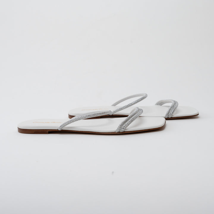 Gianvito Rossi White Grained Leather with Crystal Embellishment Slide Sandals Size 41