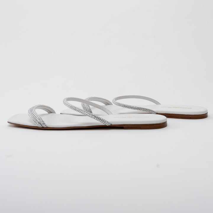 Gianvito Rossi White Grained Leather with Crystal Embellishment Slide Sandals Size 41