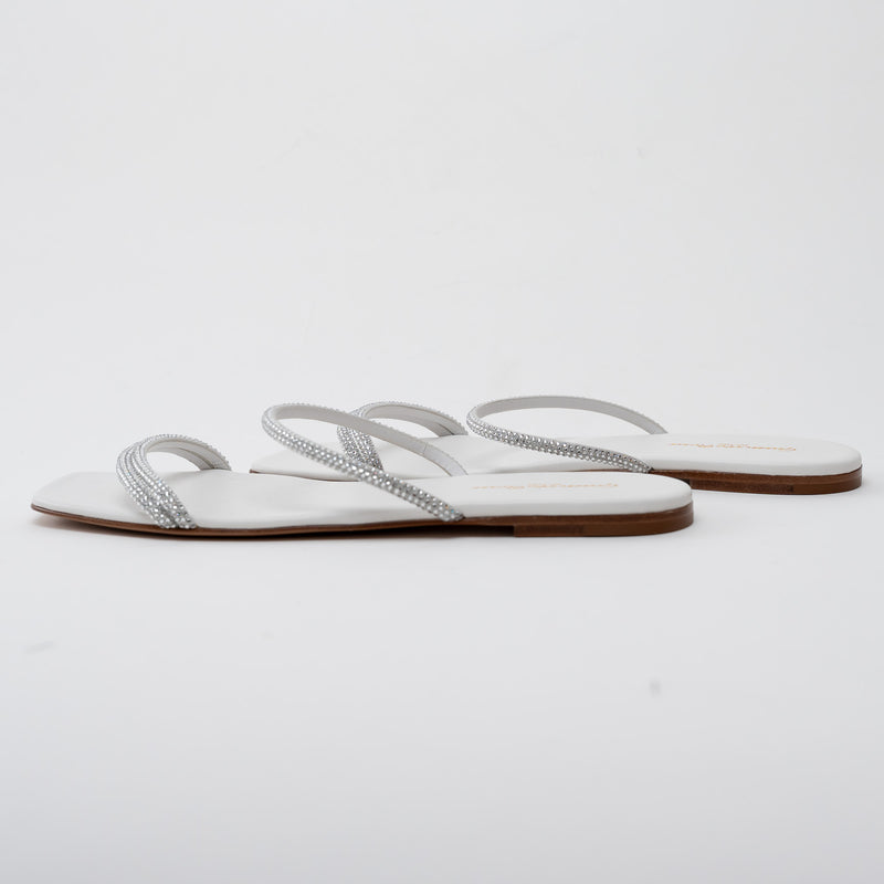 Gianvito Rossi White Grained Leather with Crystal Embellishment Slide Sandals Size 41