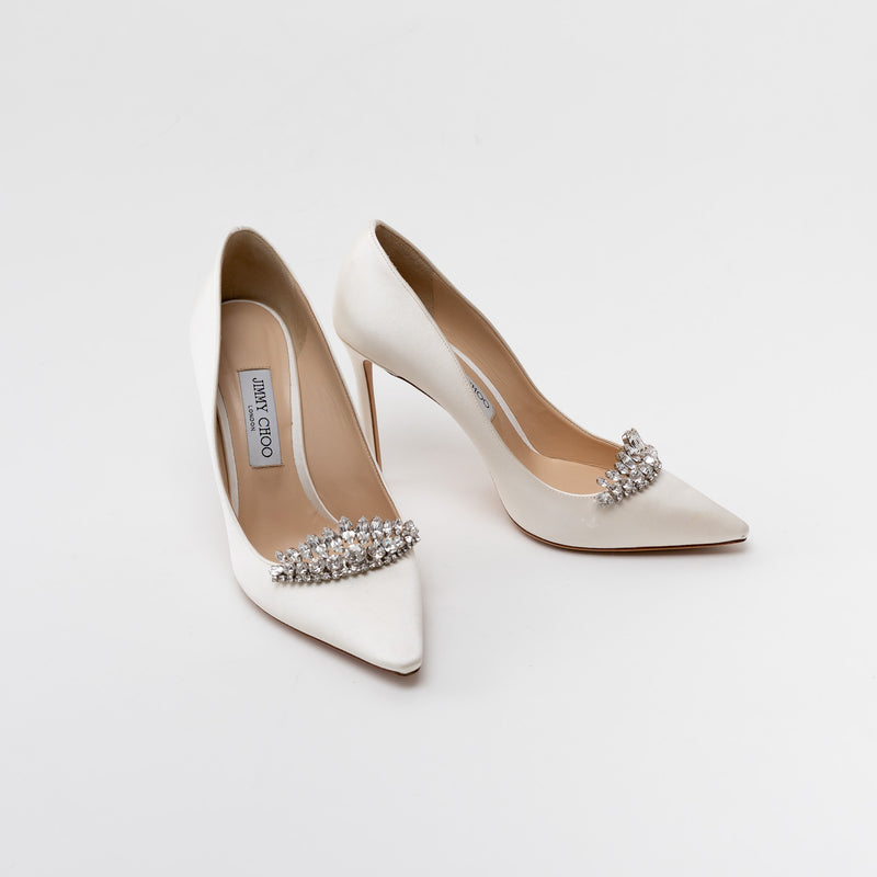 Jimmy Choo White Satin Romy 100 with Crystal Embellishment Heels Size 39.5